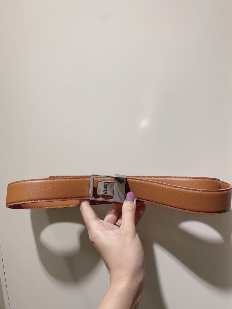 YSL Women's Tan Leather Belt with Logo Buckle
