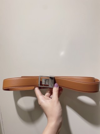 YSL Women's Tan Leather Belt with Logo Buckle