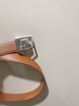 YSL Women's Tan Leather Belt with Logo Buckle view 2