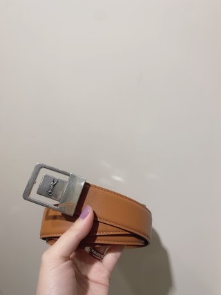 YSL Women's Tan Leather Belt with Logo Buckle view 4