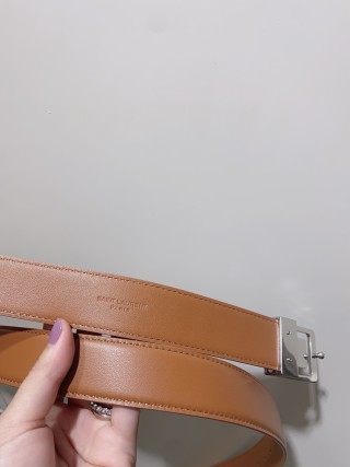 YSL Women's Tan Leather Belt with Logo Buckle view 6