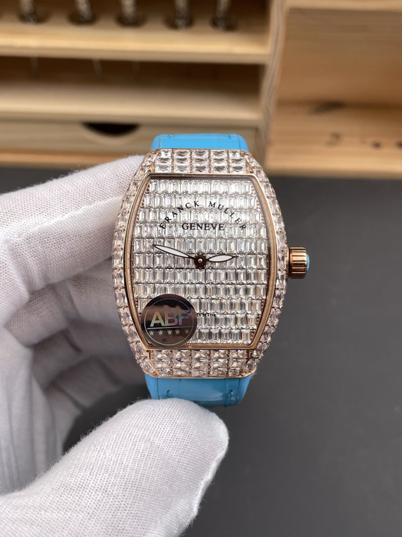 Franck Muller Tonneau V32 Rose Gold Full Diamond Blue Rubber Watch