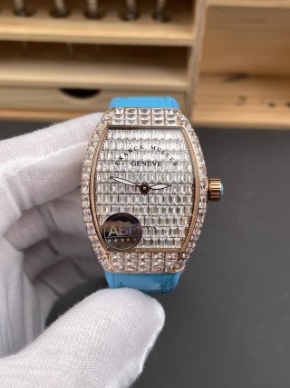 Franck Muller Tonneau V32 Rose Gold Full Diamond Blue Rubber Watch video