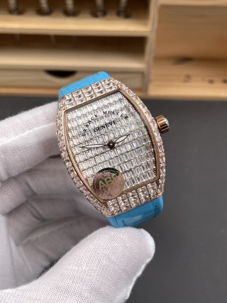 Franck Muller Tonneau V32 Rose Gold Full Diamond Blue Rubber Watch view 2
