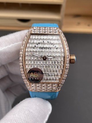 Franck Muller Tonneau V32 Rose Gold Full Diamond Blue Rubber Watch view 3