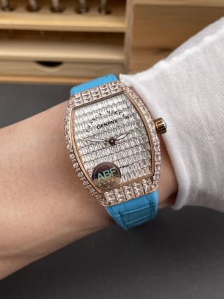Franck Muller Tonneau V32 Rose Gold Full Diamond Blue Rubber Watch view 9