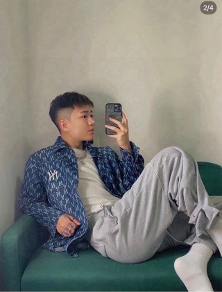 Navy Monogram Pattern Button-Up Shirt view 5