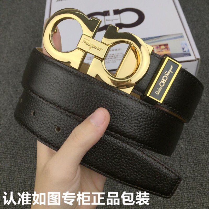 Salvatore Ferragamo Black Leather Belt with Gold Buckle