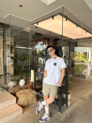 White Crew Neck T-Shirt with Black Logo Patch view 3