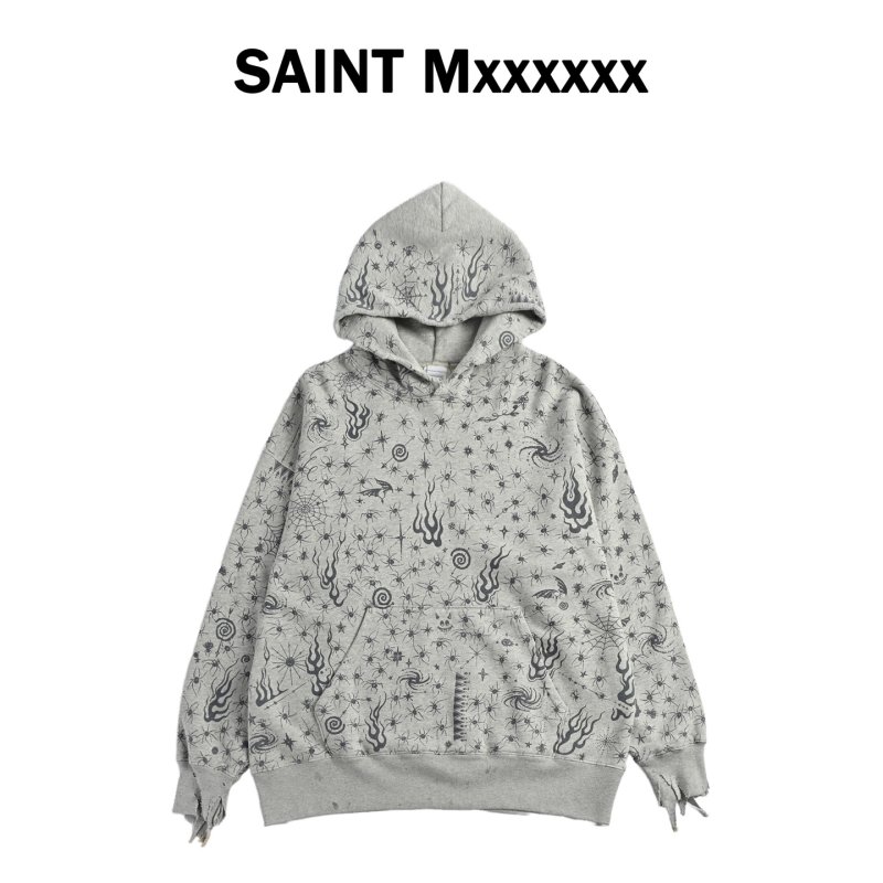 Essentials Oversized Hoodie – Grey with Spider & Flame Print view