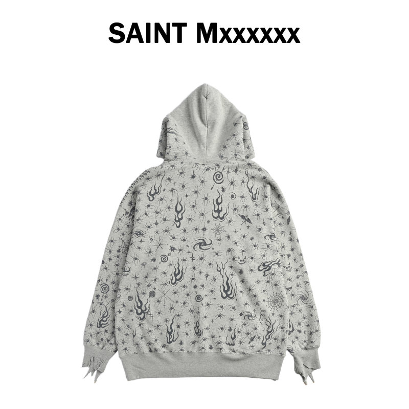 Essentials Oversized Hoodie – Grey with Spider & Flame Print view