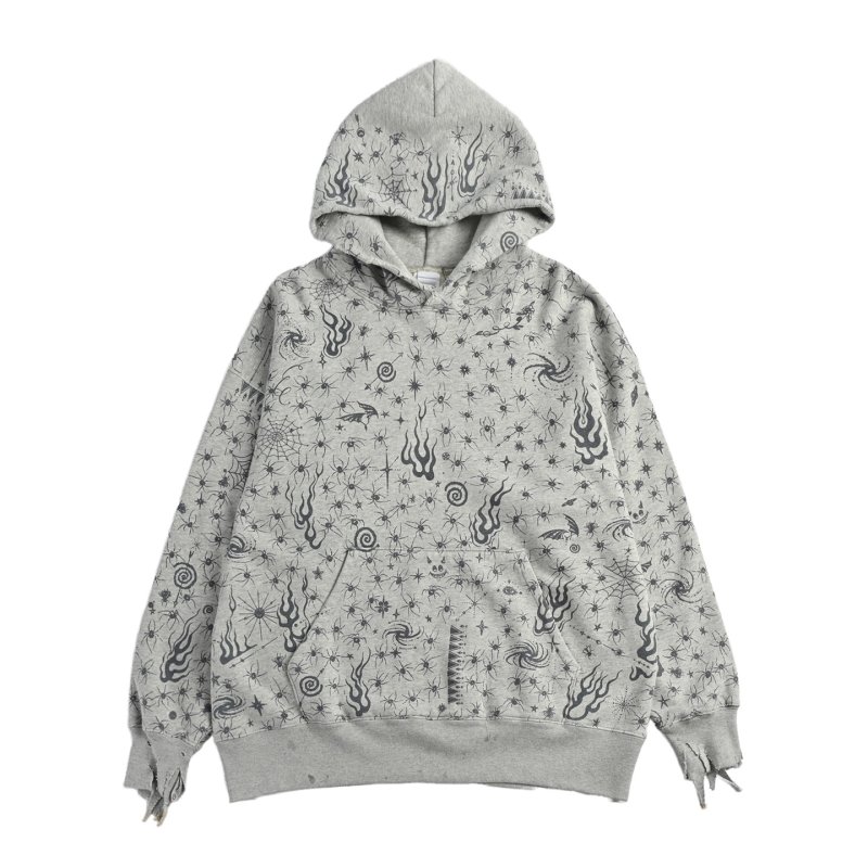 Essentials Oversized Hoodie – Grey with Spider & Flame Print view