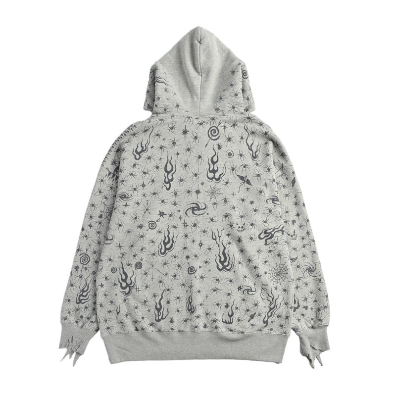 Essentials Oversized Hoodie – Grey with Spider & Flame Print view
