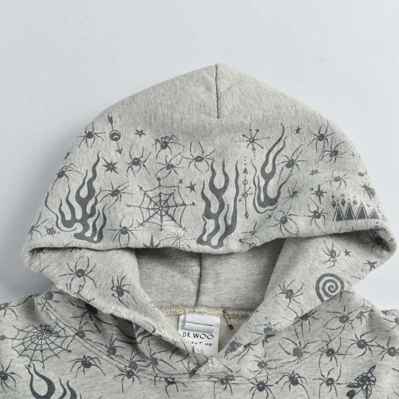 Essentials Oversized Hoodie – Grey with Spider & Flame Print view