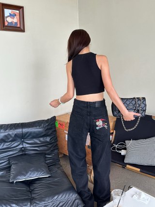 Black Ripped Wide-Leg Denim Jeans view 3