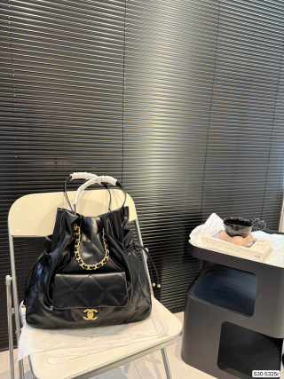 Chanel Black Quilted Drawstring Bucket Bag view 2