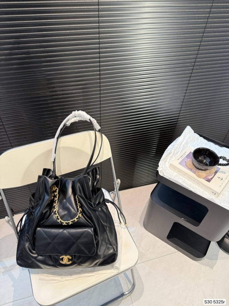 Chanel Black Quilted Drawstring Bucket Bag view