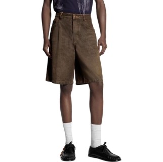 Olive Denim Shorts with Leather Waistband view 3