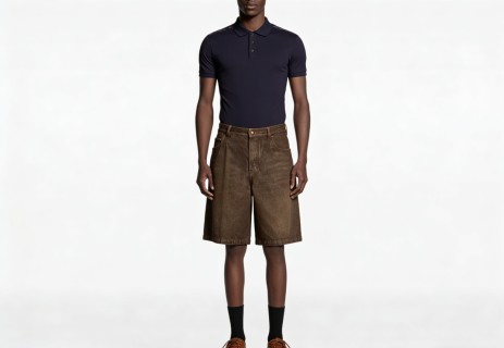Olive Denim Shorts with Leather Waistband view 9