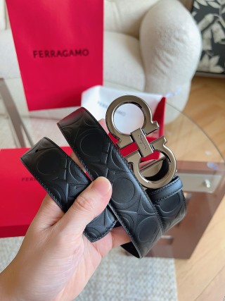 Ferragamo Black Quilted Leather Belt with Silver Buckle