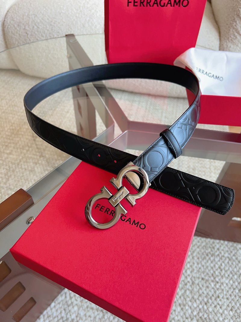 Ferragamo Black Quilted Leather Belt with Silver Buckle view