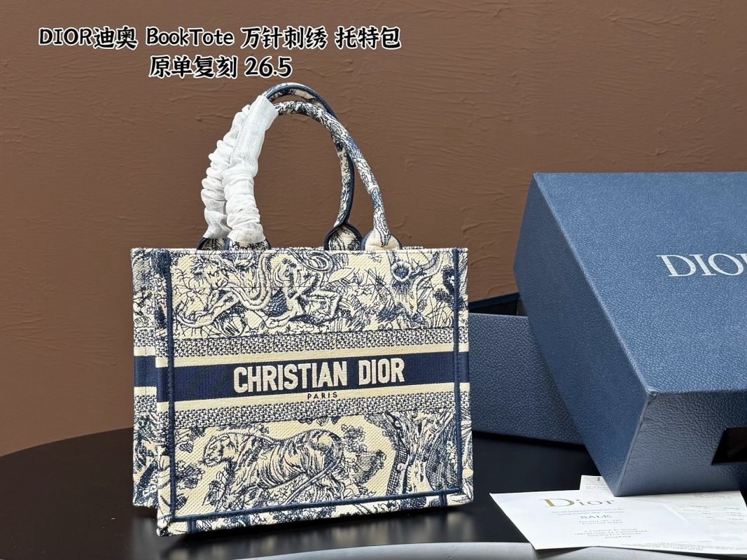 Dior BookTote Tiger Embroidered Canvas Tote Bag Navy/Cream