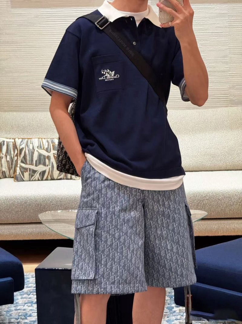 Navy Blue Polo Collar Short Sleeve T-Shirt with White Trim