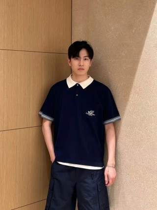 Navy Blue Polo Collar Short Sleeve T-Shirt with White Trim view 2