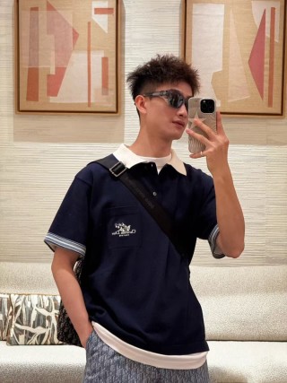 Navy Blue Polo Collar Short Sleeve T-Shirt with White Trim view 4