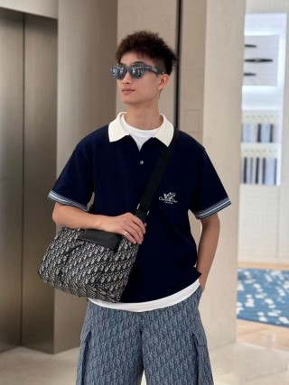Navy Blue Polo Collar Short Sleeve T-Shirt with White Trim view 6