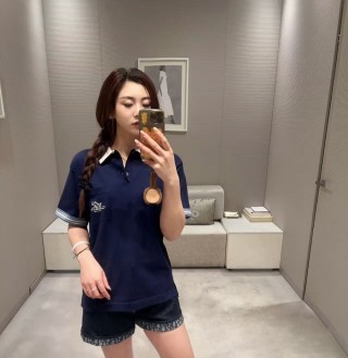 Navy Blue Polo Collar Short Sleeve T-Shirt with White Trim view 8