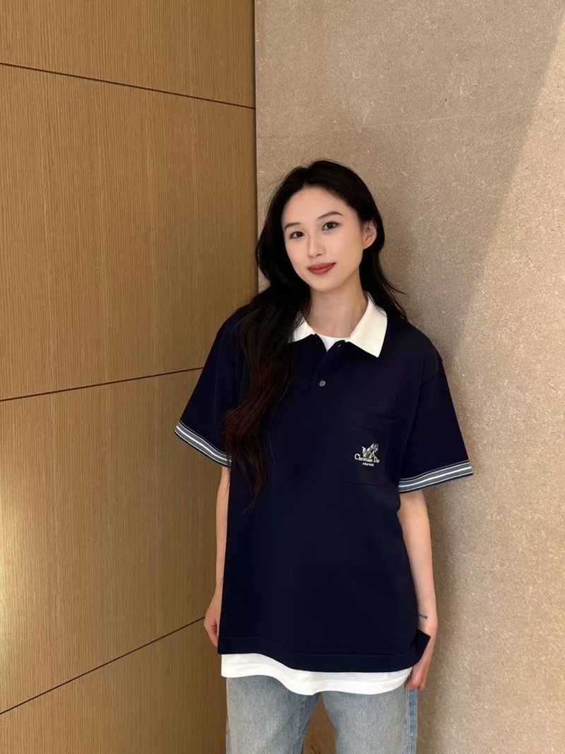Navy Blue Polo Collar Short Sleeve T-Shirt with White Trim view