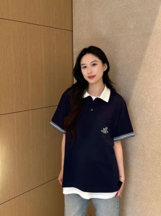 Navy Blue Polo Collar Short Sleeve T-Shirt with White Trim view 9