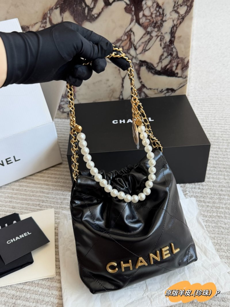 Chanel 22 Mini Bag Black Leather Pearl Chain