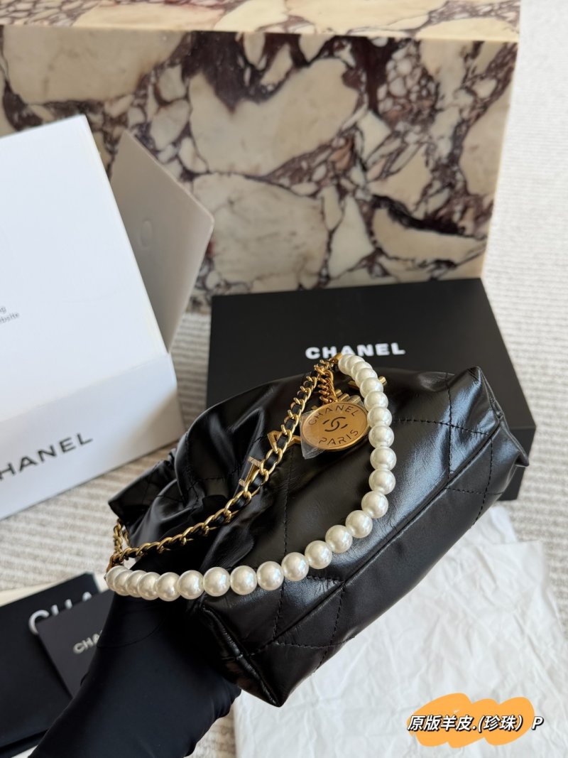 Chanel 22 Mini Bag Black Leather Pearl Chain view