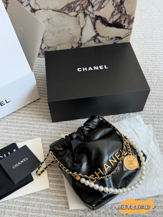 Chanel 22 Mini Bag Black Leather Pearl Chain view 6