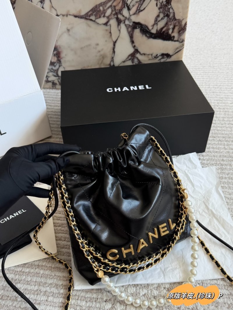 Chanel 22 Mini Bag Black Leather Pearl Chain view
