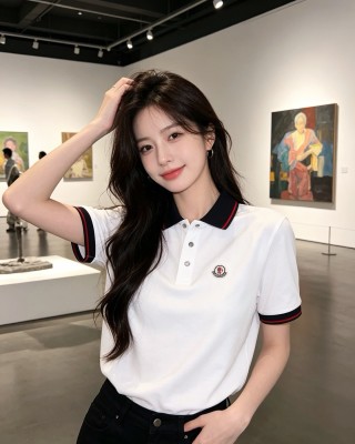 Moncler White Polo Shirt with Navy & Red Collar view 4