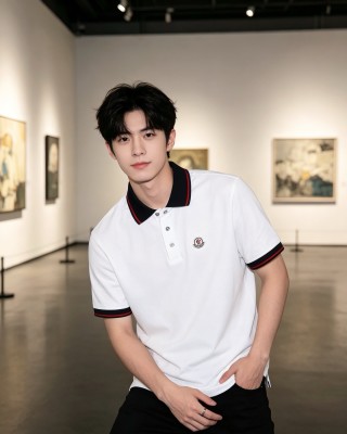 Moncler White Polo Shirt with Navy & Red Collar view 5