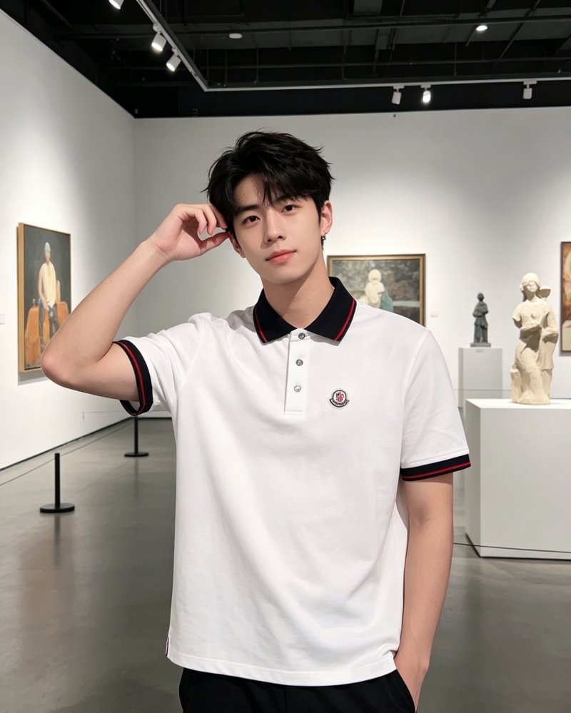 Moncler White Polo Shirt with Navy & Red Collar view