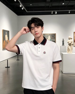 Moncler White Polo Shirt with Navy & Red Collar view 6
