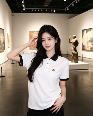 Moncler White Polo Shirt with Navy & Red Collar view 8