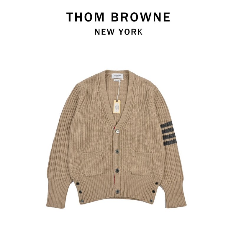 Beige Ribbed Knit Cardigan with Stripe Detail view