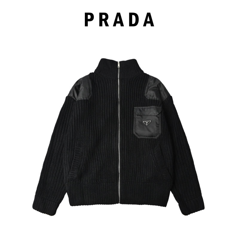 Prada Black Nylon & Ribbed Knit Zip Jacket view