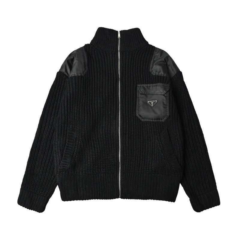 Prada Black Nylon & Ribbed Knit Zip Jacket view