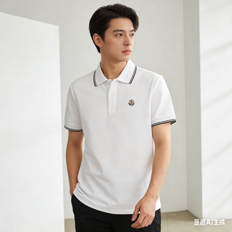 Moncler White Polo Shirt with Striped Trim