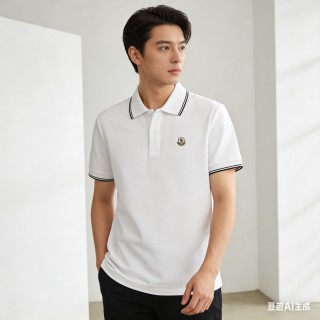 Moncler White Polo Shirt with Striped Trim