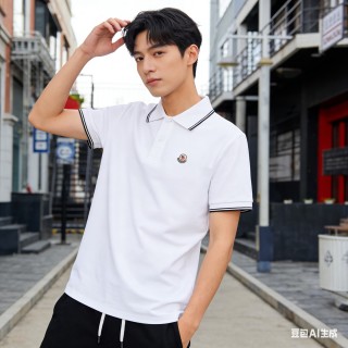 Moncler White Polo Shirt with Striped Trim view 5