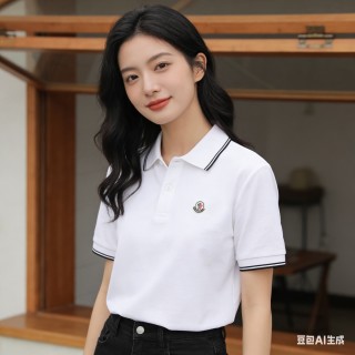 Moncler White Polo Shirt with Striped Trim view 6