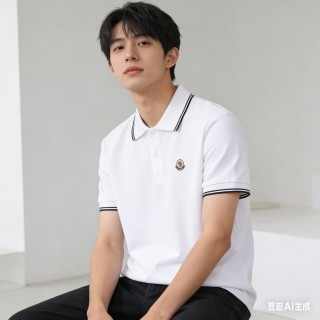 Moncler White Polo Shirt with Striped Trim view 8